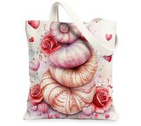 Nautilus Shells Canvas Tote Bag for Shopping 13 * 15, Valentine's Day Cute Roses Reusable Grocery Shoulder Bag for Women, Coastal Painting Gift Decor