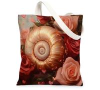 Nautilus Shells Canvas Tote Bag for Shopping 13 * 15, Valentine's Day Romantic Roses Reusable Grocery Bag for Women, Coastal Work Travel Pattern Gift Decor