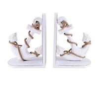 NAUTIMALL Nautical Anchor Bookends with Rope Decor - Vintage White Wood and MDF Decorative Book Holders for Coastal Home Decor Study Room Display