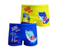 NautySaurs 2-Pack Boys Swimming Trunks 1-10 Years Kids Swimwear Toddler Children Cute Dinosaur Shorts (Surfing Dinosaur Blue&Yellow, 7-8 Years)