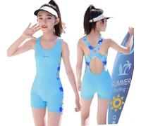 NautySaurs 7-14 Years Big Girl One Piece Swimsuit with Padding, Training Swimsuit with Cross Back Straps, Racerback Athletic Swimming Costume for Children (Light Blue, 8-9 Years)