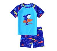 NautySaurs Boys Blue Swimming Costume Big Kids Swim Trunks Dinosaurs Shark Two Piece Swimsuit T-Shirt Shorts Set (Shark, 3-4 Years)