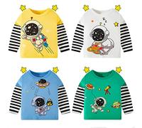 NautySaurs Boys Long Sleeve T Shirt Kids Cute Tshirts Girls Animal Graphic Tops Space Astronaut Black and White Stripes Undershirts (Set 4, 3 Years)