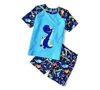 NautySaurs Boys Swimming Costume, Kids Rash Guard T-Shirt Swim Shorts Set | Children Two Piece Swimsuit, Toddler Dinosaur Swimwear, Free Swim Cap