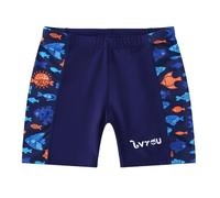 NautySaurs Boys' Swimming Trunks High Elasticity Boys Navy Blue Swim Shorts Tropical Fish Quick-Dry Swimwear for Big Kids Aged 7-14 Years (Blue Patchwork, 7-8 Years)