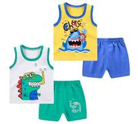 NautySaurs Toddler Boys 4 PCs Tank Top and Shorts Set Summer Sleeveless Cotton Outfit, Dinosaur and Shark, 18-24 Months