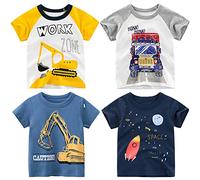 NautySaurs Toddler Boys T-Shirts 4-Pack Dinosaur Shark Excavator Tee Shirts Short Sleeve Cotton Tops for 1-7 Years (02-Excavator Set, 4 Years)