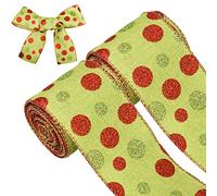 NAUZE 2 Rolls Christmas Glitter Dot Wired Edge Ribbons Polka Dot Red Green Wrapping Ribbon for Wreath Bows, 2.5Inch x 6M (Green)