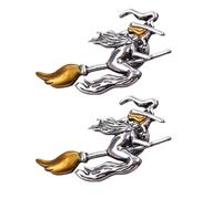 NAUZE 2Pieces Witch On Broomstick Pin Brooch Ancient Style Silvery Brooch All Saints Day Decor Magical Halloween Jewelry for Women Men