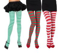 NAUZE 3 Pairs Christmas Colored Striped Pantyhose Full Foot Horizontal Striped High Socks Adult Witch Tights Cosplay Clothing(Red & Green & White)