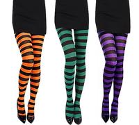 NAUZE 3 Pairs Halloween Colored Striped Pantyhose Full Foot Horizontal Striped High Socks Adult Witch Tights Cosplay Clothing9(Black & Orange & Purple)