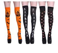 NAUZE 3 Pairs Halloween Over The Knee High Socks Pumpkin Bat Human Skeleton Pattern Thigh High Stockings for Women Girls Halloween Dress Up Cosplay Party