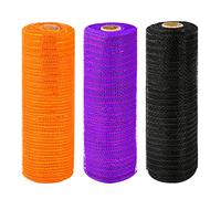 NAUZE 3 Rolls 10 Inch x 10 Yards Halloween Poly Mesh Ribbon Deco Mesh Ribbon Metallic Foil Ribbon Black Orange Purple Ribbon for Halloween Wreaths Crafts Garland Decoration (Black, Orange, Purple)