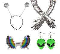 NAUZE 4 Pieces Alien Accessory Glitter Ball Boppers Headband Silver Long Gloves Novelty Glasses Acrylic Earrings Alien Costume for Halloween Cosplay