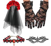 NAUZE 4 Pieces Day of the Dead Halloween Costume Set Gothic Bride Veil Ladies Rose Necklace Lace Eye Mask Lace Gloves for Halloween Adults Costume Accessory(Red)