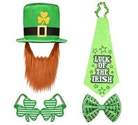 NAUZE 4 Pieces St. Patrick's Day Costumes Suit Decorations, Dress Accessories Green Clover Leprechaun Top Hat Beard Tie Bow Tie Glasses for Men Women Festival Ornaments