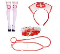NAUZE 5 Pieces Nurse Set Hat Headband Stethoscope Garter Red Stockings with White Cross and Syringe Pen for Women Girls Fancy Dress Halloween Accessories