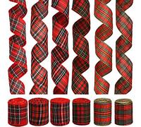 NAUZE 6 Rolls Christmas Wired Edge Tartan Ribbons Christmas Buffalo Plaid Ribbon Red Green Plaid Ribbon for Christmas Tree Decorations Wreath Bows Making