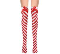 NAUZE Red White Stripe Stockings Opaque Hold-Ups Christmas Candy Cane Socks with Bow Over Knee Striped Long Stockings