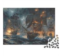 Naval Battle Scene 1000 Piece Jigsaw for Adults Ghost Pirate Ships Clash in Stormy Fiery Ocean Premium Sturdy Vibrant Challenging Hard Stress Relief 70x50cm/1000pcs