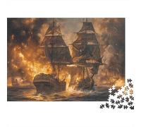Naval Battle Scene Sturdy 1000 Piece Jigsaw Puzzle for Adults Ancient Galleon Burning in Raging Sea Flames Premium Vibrant Challenging Stress Relief Game 70x50cm/1000pcs