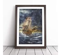 Naval Battle Ship at War Framed Wall Art Print A3 Walnut | Ready to Hang, Satin Fine Art Paper, Fade-Resistant Inks, Acrylic Glazing, Securely Packaged, Made in the UK