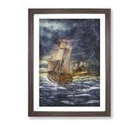 Naval Battle Ship At War Painting Modern Framed Print | A2 Walnut Framed Wall Art | Ready to Hang | Modern Vehicle Picture | Living Room Bedroom Lounge Office
