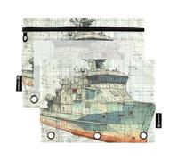 Naval Vessels Ships Ringing Binder Bag with Clear Window Large Pencil case Large and Sturdy 3 Ringing Zipper Binder for Office School Supplies Cosmetics Multicolored 2 PCS