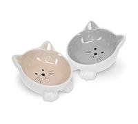 Navaris 2 x Ceramic Cat Bowls - Twin Pack of Cat Feeding Dishes with Anti Slip Silicone Feet - Grey and Beige Cat Shaped Food and Water Bowls for Cats