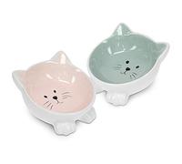 Navaris 2 x Ceramic Cat Bowls - Twin Pack of Cat Feeding Dishes with Anti Slip Silicone Feet - Rose and Green Cat Shaped Food and Water Bowls for Cats