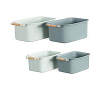 Navaris 4x Plastic Organiser Box - Set of 4 Storage Boxes - Basket Utensil Holder Caddy w/Wooden Handle for Bathroom Kitchen - 2 Sizes, Green/Sage