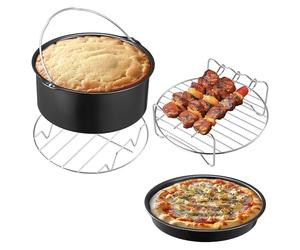 Navaris Air Fryer Accessories Set, 4pcs Nonstick Air Fryer Accessory Kit, Cake Pan, Pizza Pan, Stainless Steel Airy Fryer Rack with 3 Skewers for Ninja, Phillips, Oven