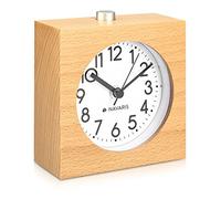 Navaris Analogue Wood Alarm Clock - Retro Table Clock with Square Design Snooze Function and Clock Face Alarm Light - Natural Wood in Light Brown