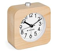 Navaris Analogue Wood Alarm Clock - Square Retro Table Clock Design with Snooze, Alarm, Backlight Functions - Light Brown Wood, White Face