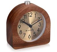 Navaris Analogue Wooden Alarm Clock - Retro Table Clock with Half Round Design, Snooze Function, Alarm, Gold Face Light - Natural Wood in Dark Brown