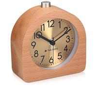 Navaris Analogue Wooden Alarm Clock - Retro Table Clock with Half Round Design, Snooze Function, Alarm, Gold Face Light - Natural Wood in Light Brown