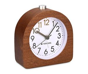 Navaris Analogue Wooden Alarm Clock - Retro Table Clock with Half Round Design Snooze Function and Alarm Face Light - Natural Wood in Dark Brown
