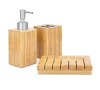 Navaris Bamboo Bathroom Accessories Set - 3-Piece Bath Set with Toothbrush Holder, Soap Dispenser, Organiser Tray - Natural Wood
