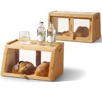Navaris Bamboo Bread Bin for Kitchen Countertop - Large Capacity Farmhouse Bread Storage Container for Bread, Spices, Coffee, Organizer for Cabinet with Clear Front & Back Doors