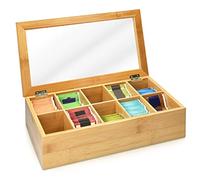 Navaris Bamboo Tea Box - Chest Organiser with 10 Compartments for Tea Bags - Wooden Case Container with Transparent Lid for Individual Tea Bag Storage