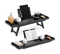 Navaris Bed and Bath Tray - Wooden Rack with Folding Legs - Bamboo Bathtub Caddy Bridge Shelf with Book or Tablet Stand - Black
