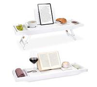 Navaris Bed and Bath Tray - Wooden Rack with Folding Legs - Bamboo Bathtub Caddy Bridge Shelf with Book or Tablet Stand - White