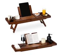 Navaris Bed and Bath Tray - Wooden Rack with Folding Legs - Bamboo Bathtub Caddy Bridge Shelf with Book or Tablet Stand - Brown