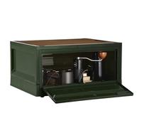 Navaris Camping Storage Box, Green - 35L Foldable Bin with Pine Wood Lid - Collapsible Folding Crate - Easy to Disassemble Plastic Storage Crates - Stackable Design with Wheels