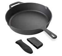 Navaris Cast Iron Skillet - 30cm Pre-Seasoned Frying Pan with Helper Handle, for Oven, Stovetop, Grill & Campfire, Induction Ready, Pouring Lips, Heavy-Duty, with Silicone Handle