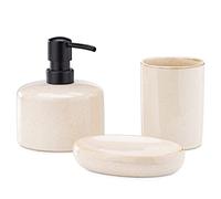 Navaris Ceramic Bathroom Accessories Set - 3-Piece Toiletry Accessory Kit - Liquid Soap Dispenser/Toothbrush Holder/Soap Dish Tray - Sand Colour