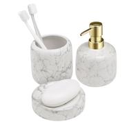 Navaris Ceramic Bathroom Sink Accessories Set - Complete 3pc White Marble Effect Accessory Set - Soap Dispenser, Toothbrush Holder & Tray - Sets for Bathrooms and Kitchen Sinks