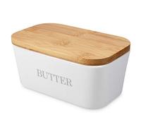 Navaris Ceramic Butter Dish - Ceramic Butter Container 16 x 10 x 7.5 cm with Bamboo Lid - Airtight Box - Silicone Ring