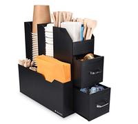 Navaris Coffee Condiment and Accessory Caddy - Coffee and Tea Organiser Station Cup Storage Holder Box Stand with Compartments and 2 Drawers - Black