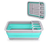 Navaris Collapsible Dish Drainer - Foldable Portable Dish Rack for Drying Plates, Dishes, Cutlery - Folding Camping Drainer for Caravans - Grey/Blue
